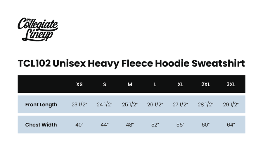 Size chart for MEN'S HEAVY FLEECE HOODIE SWEATSHIRT