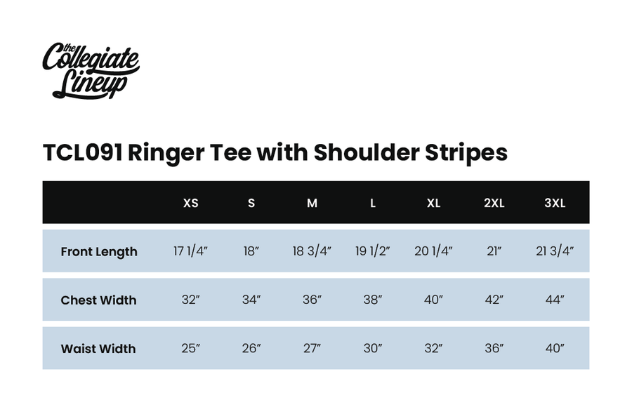 Size chart for Ringer Tee with Shoulder Stripes