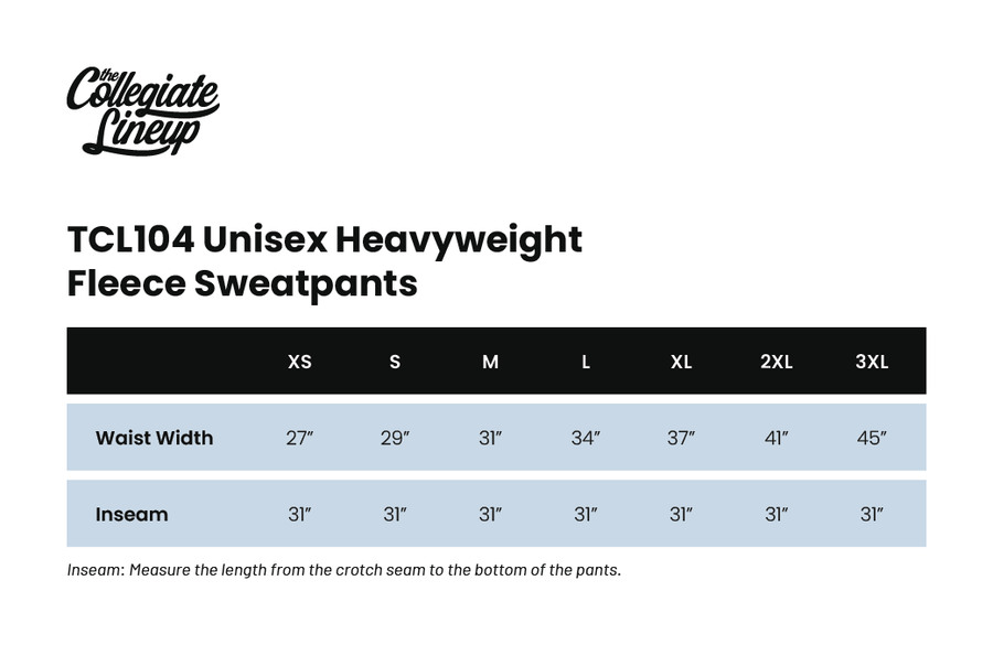 Size chart for HEAVYWEIGHT FLEECE SWEATPANT