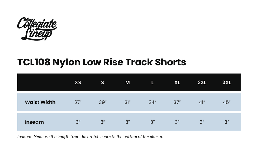 Size chart for NYLON LOW RISE TRACK SHORTS