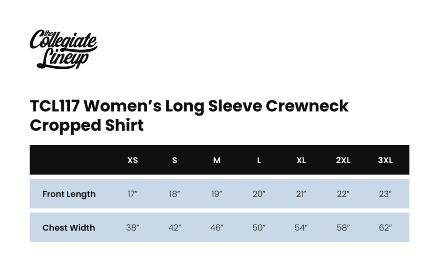 Size chart for WOMEN'S LONG SLEEVE CREWNECK CROPPED SHIRT