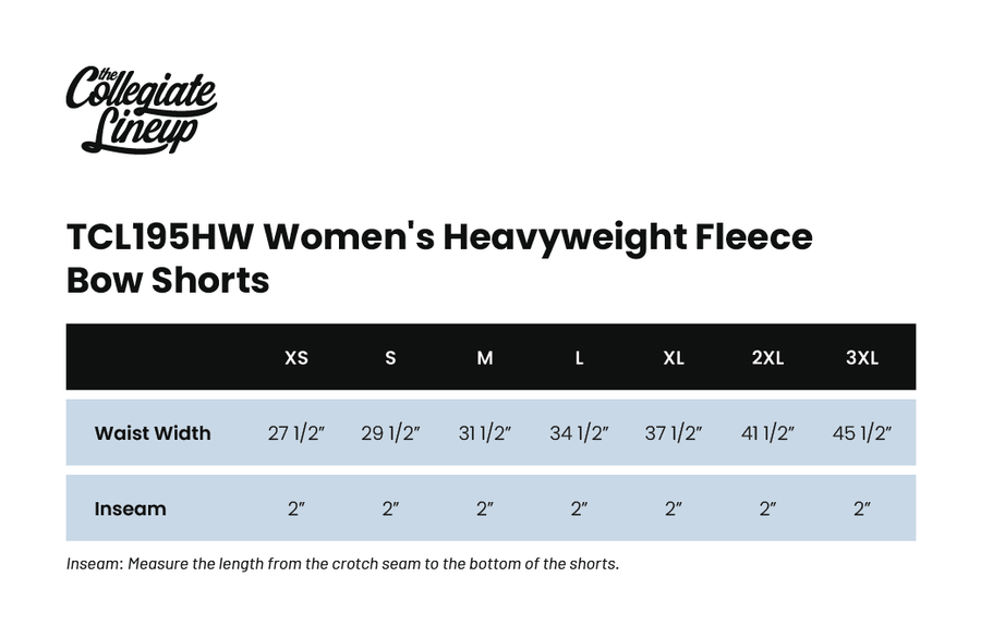 Size chart for WOMEN'S HEAVYWEIGHT FLEECE BOW SHORTS