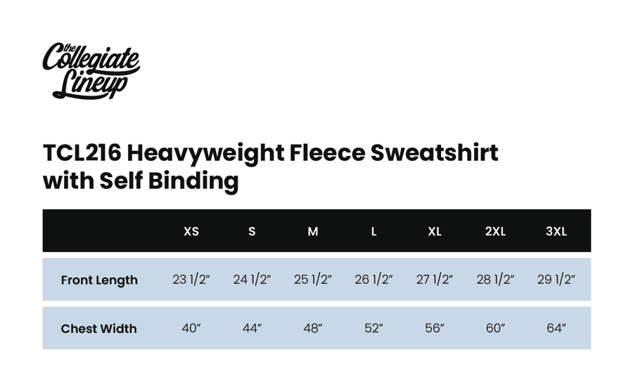 Size chart for HEAVYWEIGHT FLEECE SWEATSHIRT WITH SELF BINDING