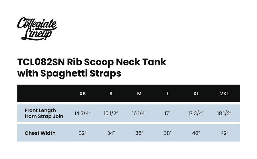 Size chart for RIB SCOOP NECK TANK WITH SPAGHETTI STRAPS