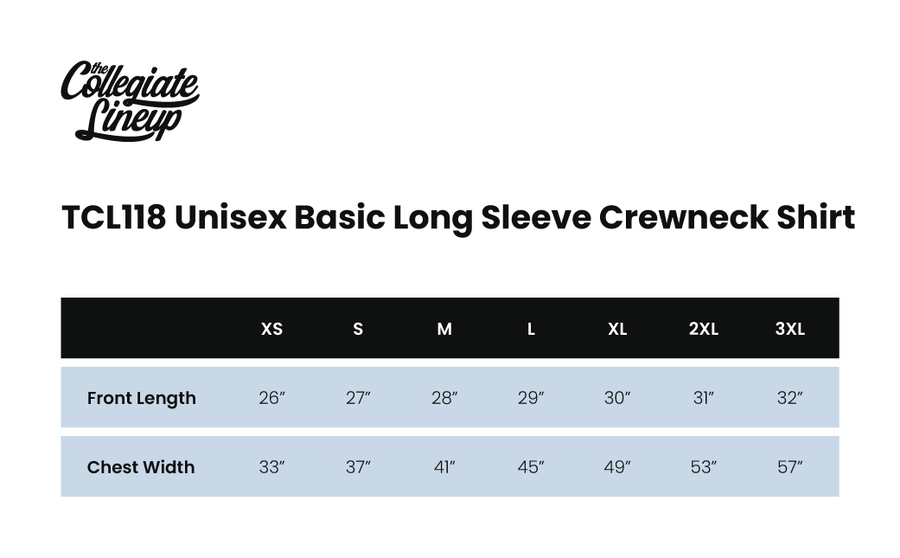 Size chart for UNISEX BASIC LONG SLEEVE CREWNECK SHIRT