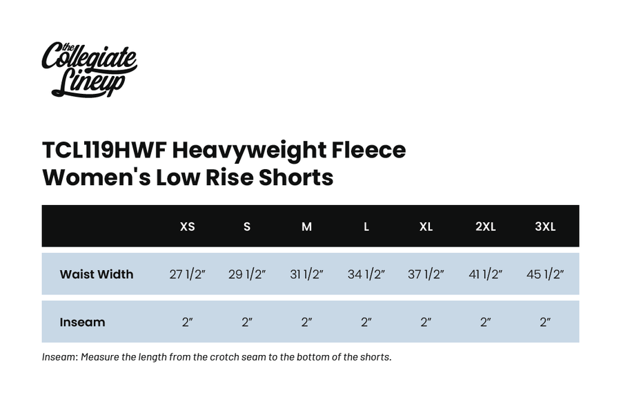 Size chart for HEAVYWEIGHT FLEECE WOMEN'S LOW RISE SHORT