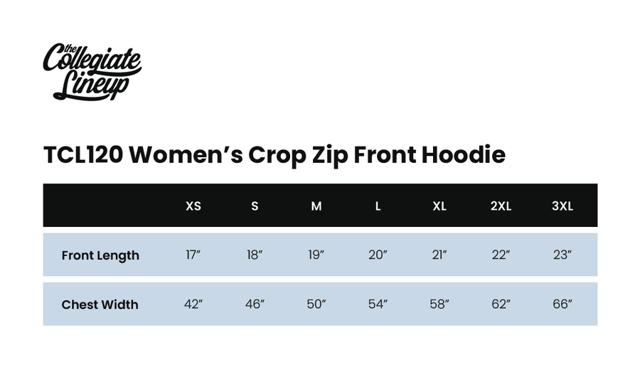 Size chart for WOMEN'S CROP ZIP FRONT HOODIE