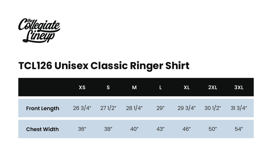 Size chart for Unisex Classic Ringer T-Shirt