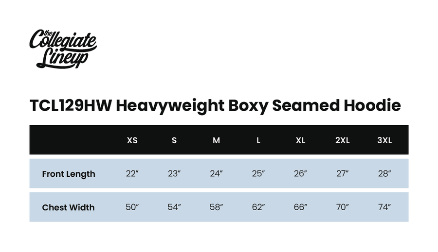 Size chart for HEAVYWEIGHT BOXY SEAMED HOODIE SWEATSHIRT