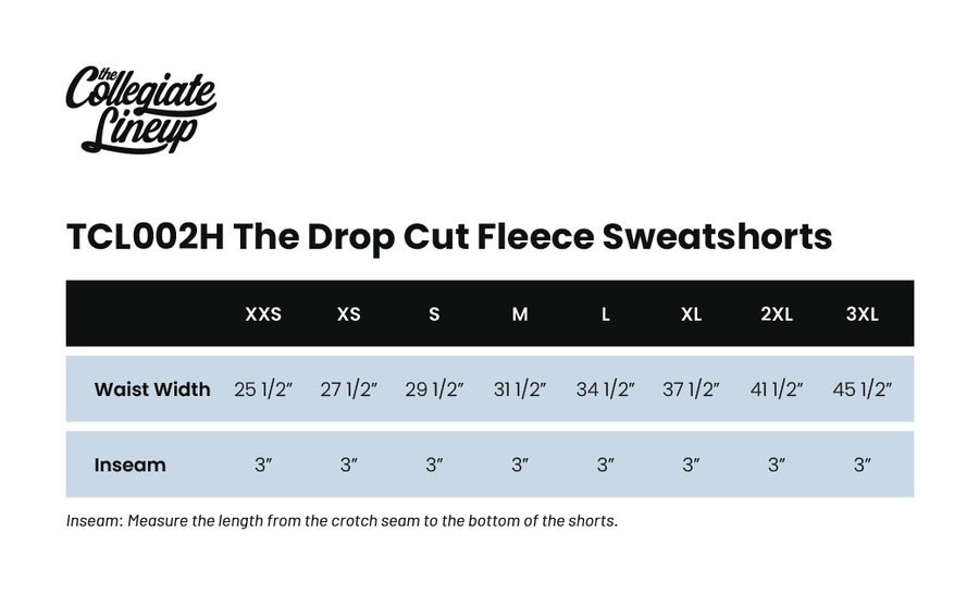 Size chart for THE DROP CUT FLEECE SWEATSHORT