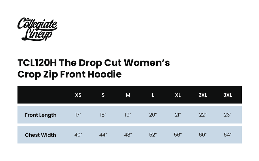 Size chart for THE DROP CUT WOMEN'S CROP ZIP FRONT HOODIE