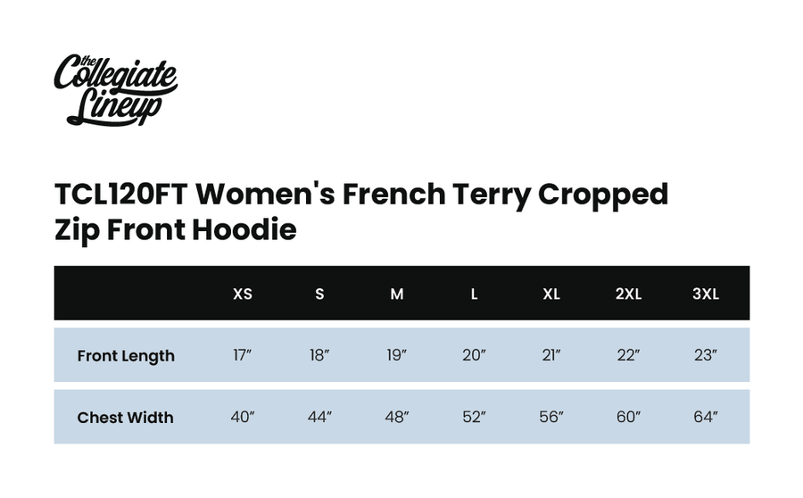 Size chart for WOMEN'S FRENCH TERRY CROP ZIP FRONT HOODIE