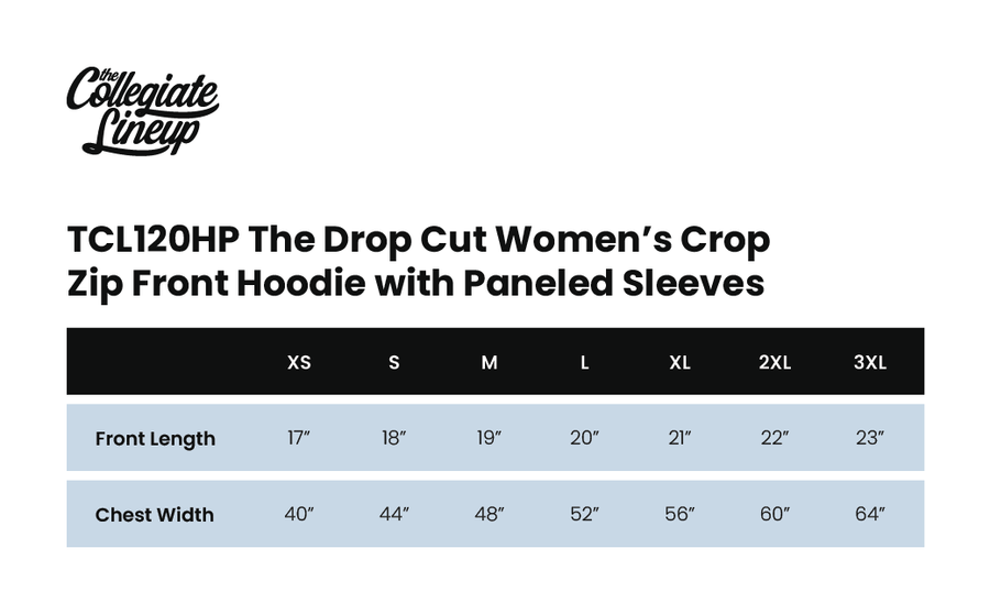 Size chart for THE DROP CUT WOMEN'S CROP ZIP FRONT HOODIE WITH PANELED SLEVES