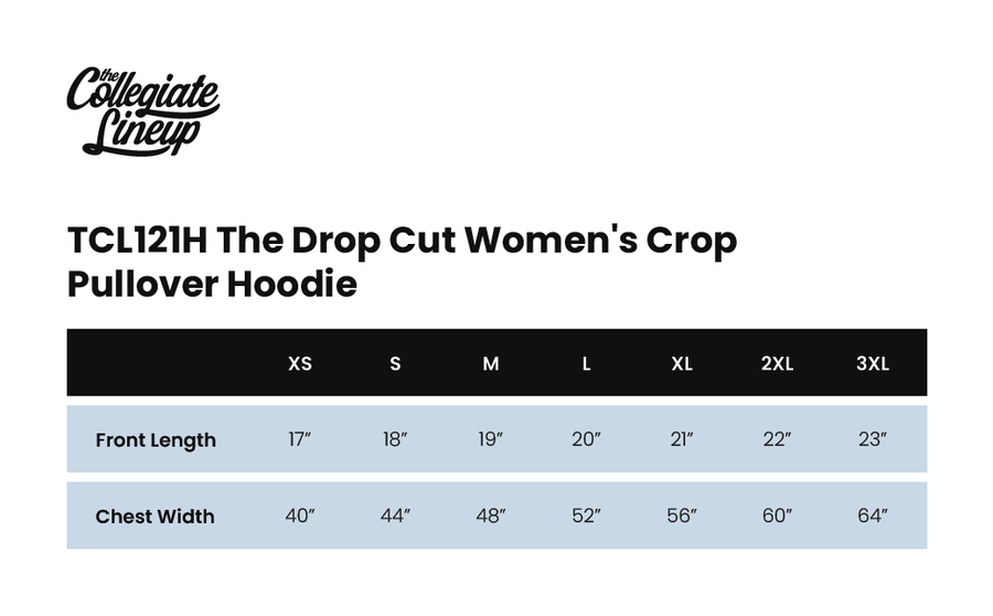 Size chart for THE DROP CUT WOMEN'S CROP PULLOVER HOODIE