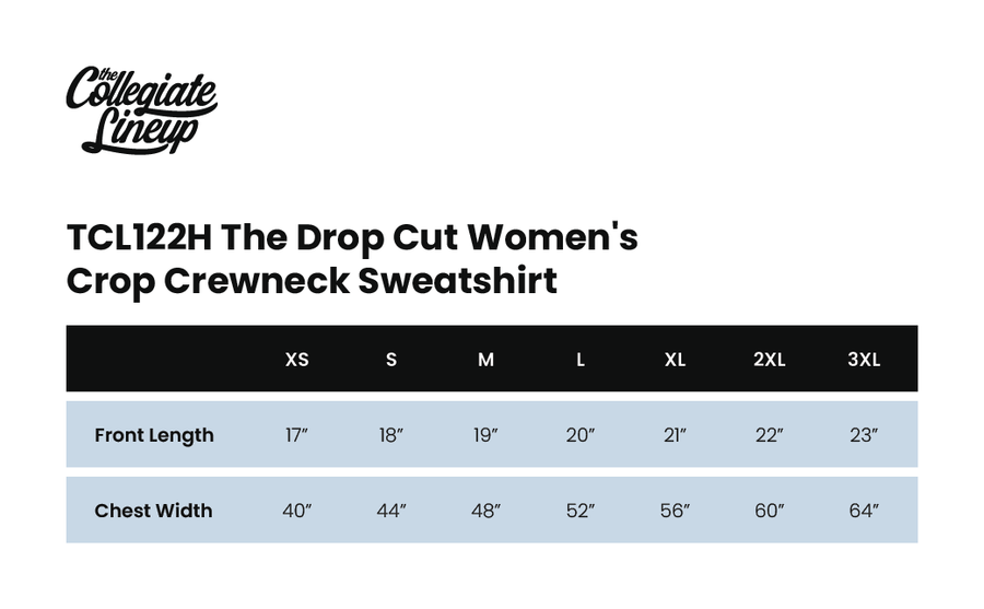 Size chart for Drop Cut Women's Crop Crewneck Sweatshirt