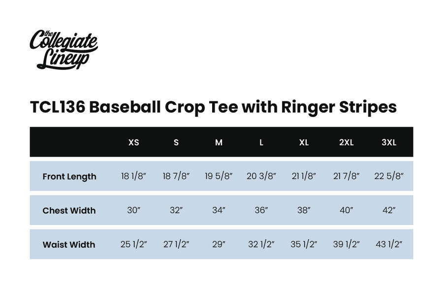 Size chart for BASEBALL CROP TEE WITH RINGER STRIPES