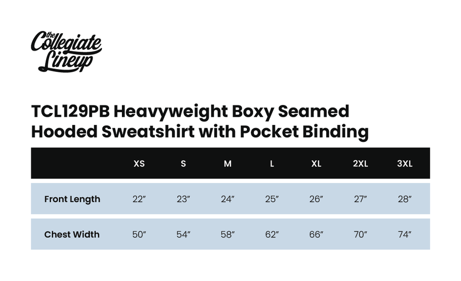 Size chart for HEAVYWEIGHT BOXY SEAMED HOODED SWEATSHIRT WITH POCKET BINDING