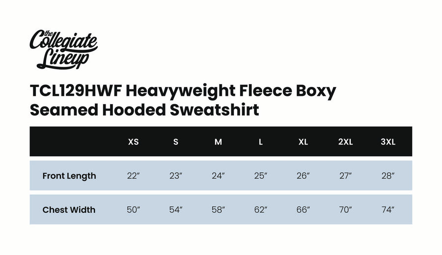 Size chart for HEAVYWEIGHT FLEECE BOXY SEAMED HOODED SWEATSHIRT
