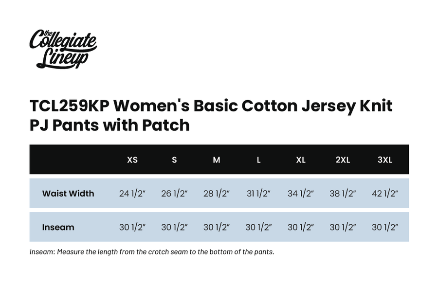 Size chart for WOMEN'S COTTON STRIPE KNIT PJ PANT WITH PATCH
