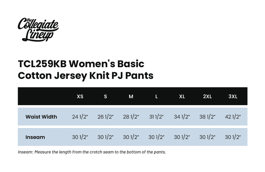 Size chart for WOMEN'S BASIC COTTON JERSEY KNIT PJ PANT