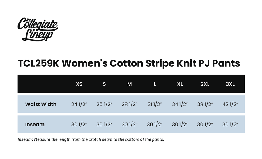 Size chart for WOMEN'S COTTON JERSEY KNIT PJ PANT WITH PIPING