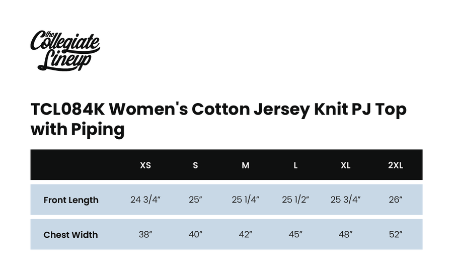 Size chart for WOMEN'S COTTON JERSEY KNIT PJ TOP WITH PIPING