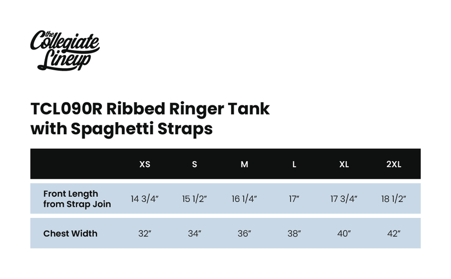 Size chart for RIBBED RINGER TANK WITH SPAGHETTI STRAPS