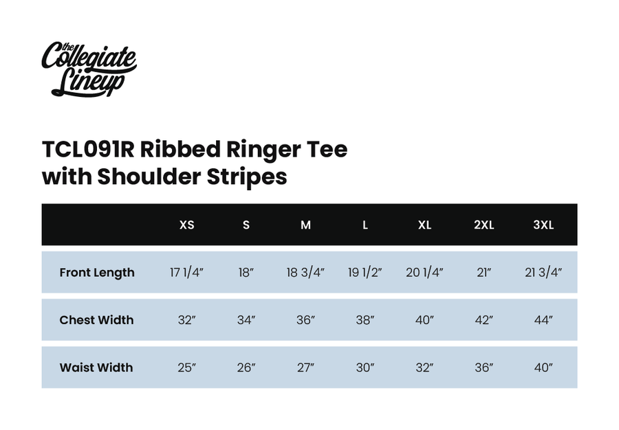 Size chart for RIBBED RINGER TEE WITH SHOULDER STRIPES