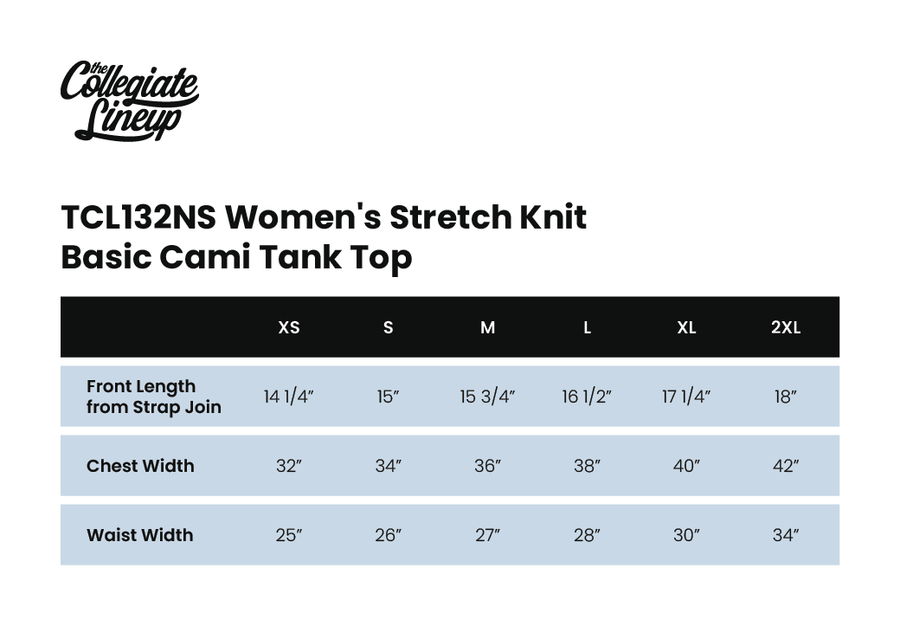 Size chart for WOMEN'S STRETCH KNIT BASIC CAMI TANK TOP
