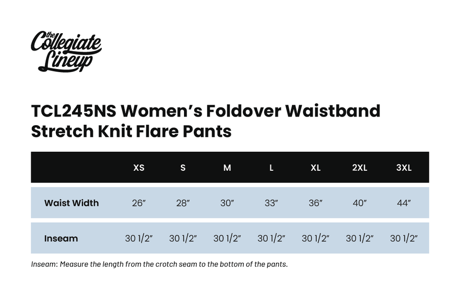 Size chart for WOMEN'S FOLDOVER WAISTBAND STRETCH KNIT FLARE PANTS