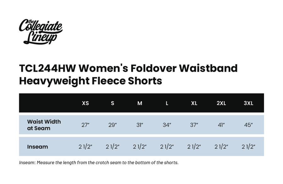 Size chart for WOMEN'S FOLDOVER WAISTBAND HEAVYWEIGHT FLEECE SWEATSHORTS