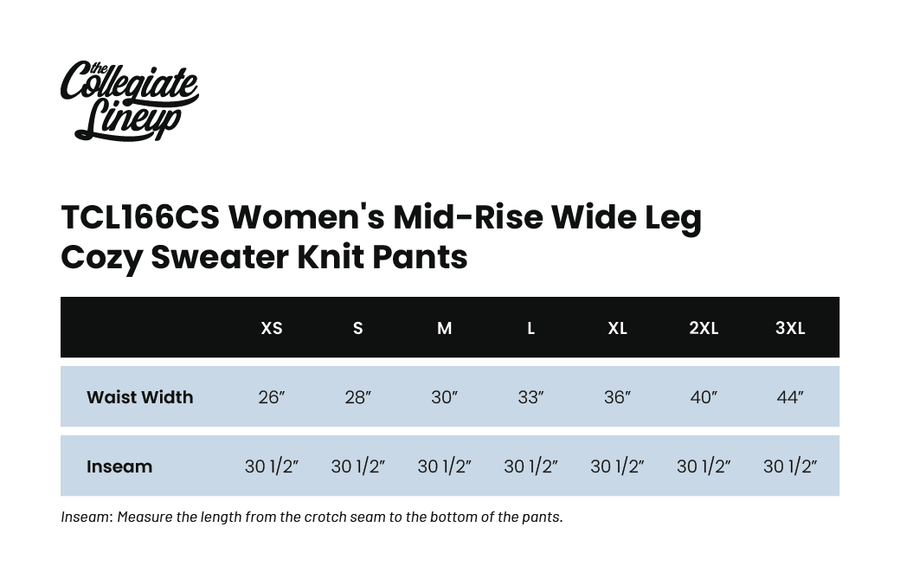 Size chart for WOMEN'S MID-RISE WIDE LEG COZY SWEATER KNIT PANT