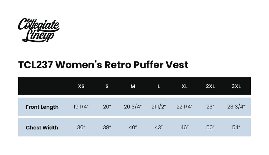 Size chart for WOMEN'S RETRO PUFFER VEST