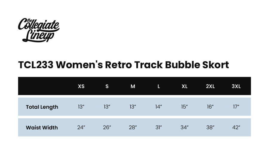 Size chart for WOMEN'S RETRO TRACK BUBBLE SKORT