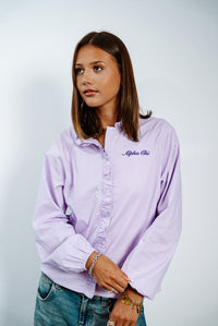 WOMEN'S RUFFLE PLACKET WOVEN BUTTON DOWN SHIRT