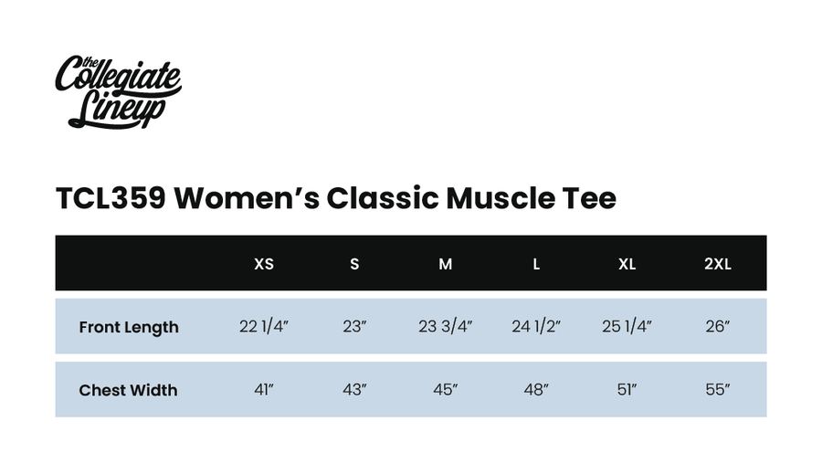 Size chart for WOMEN'S CLASSIC MUSCLE TEE