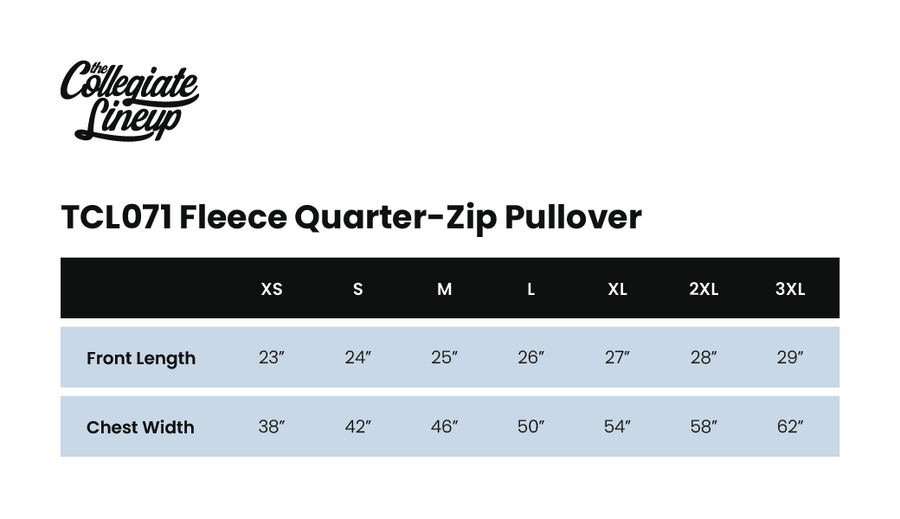 Size chart for QUARTER ZIP FLEECE PULLOVER