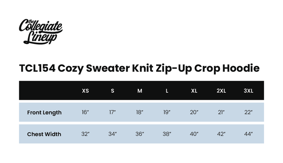 Size chart for October Knit Zip-up Crop Hoodie