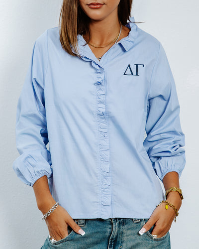 WOMEN'S RUFFLE PLACKET WOVEN BUTTON DOWN SHIRT