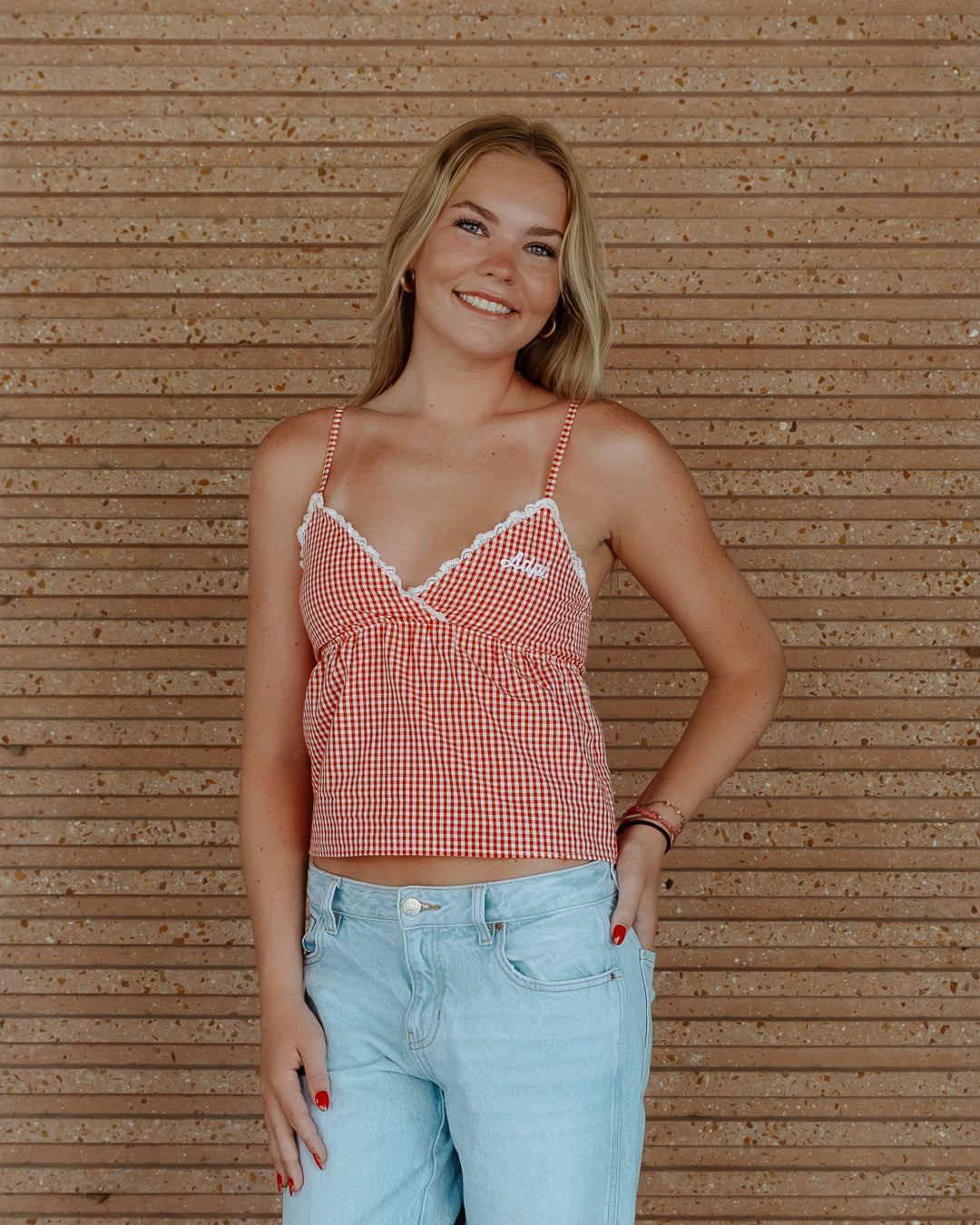 WOMEN'S WOVEN GINGHAM BABYDOLL TANK