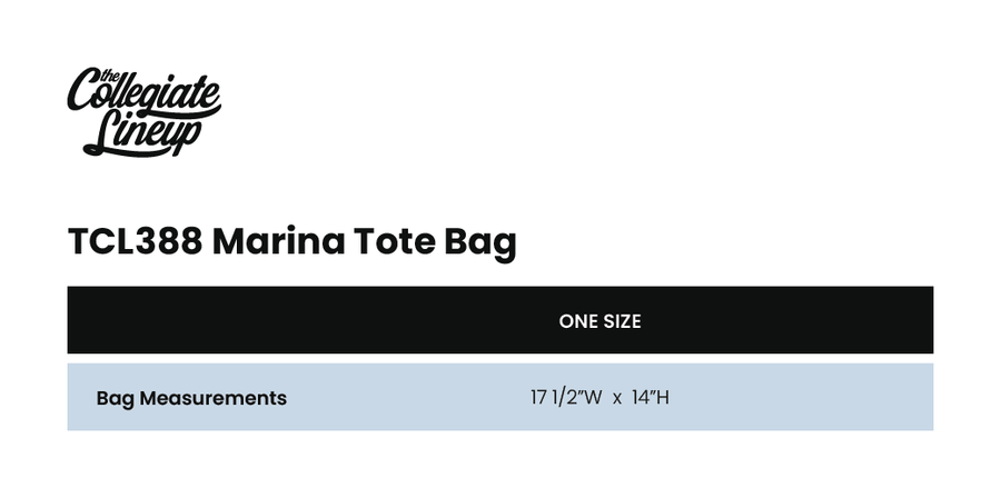 Size chart for MARINA TOTE BAG