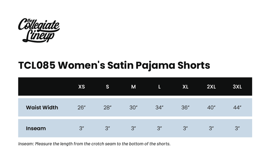 Size chart for WOMEN'S SATIN PAJAMA SHORTS