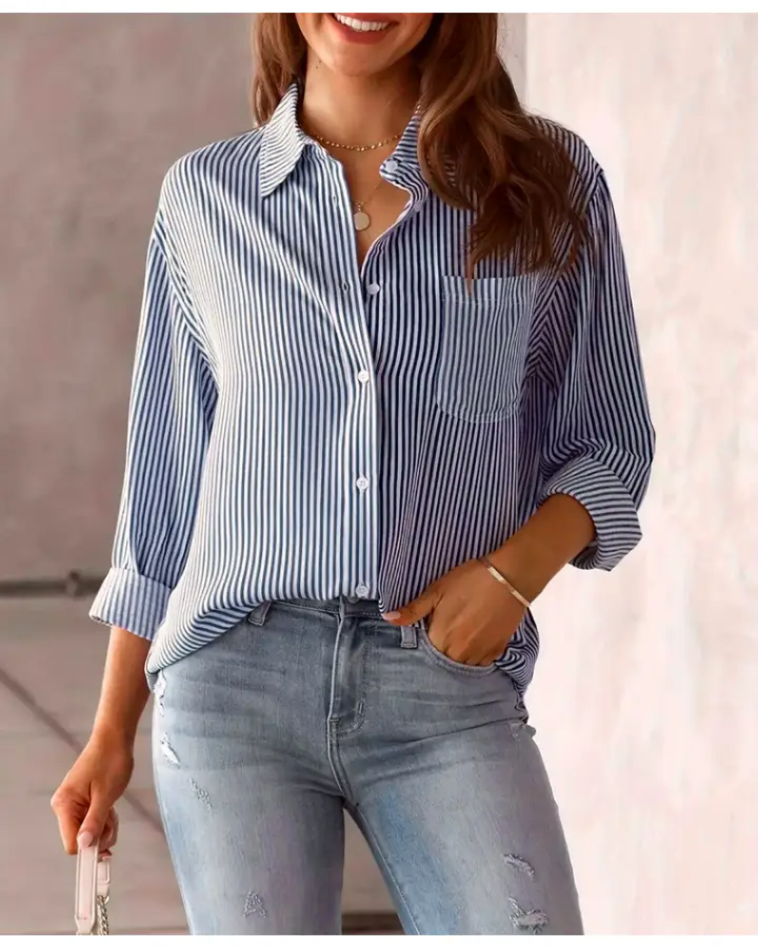 CLASSIC OFFICE STRIPE LONG SLEEVE SHIRT - Blue