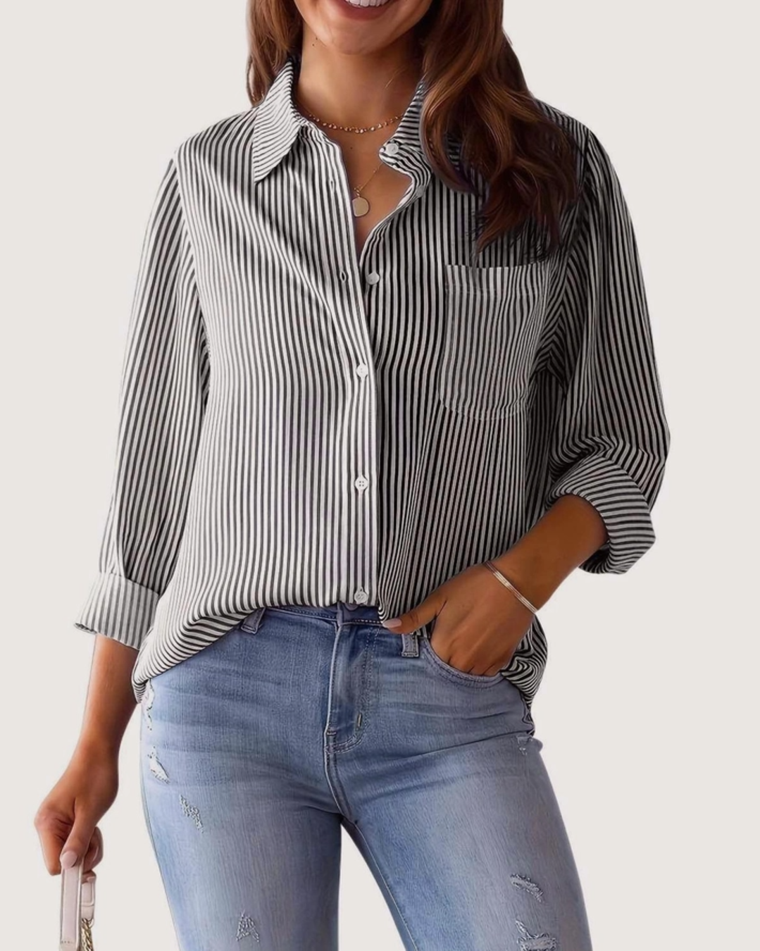 CLASSIC OFFICE STRIPE LONG SLEEVE SHIRT - Black
