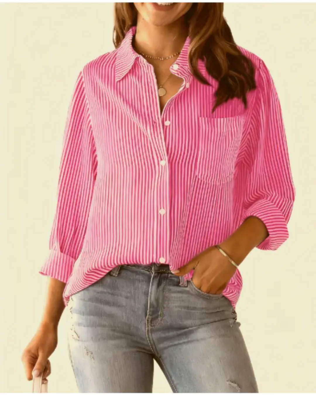 CLASSIC OFFICE STRIPE LONG SLEEVE SHIRT - Rose