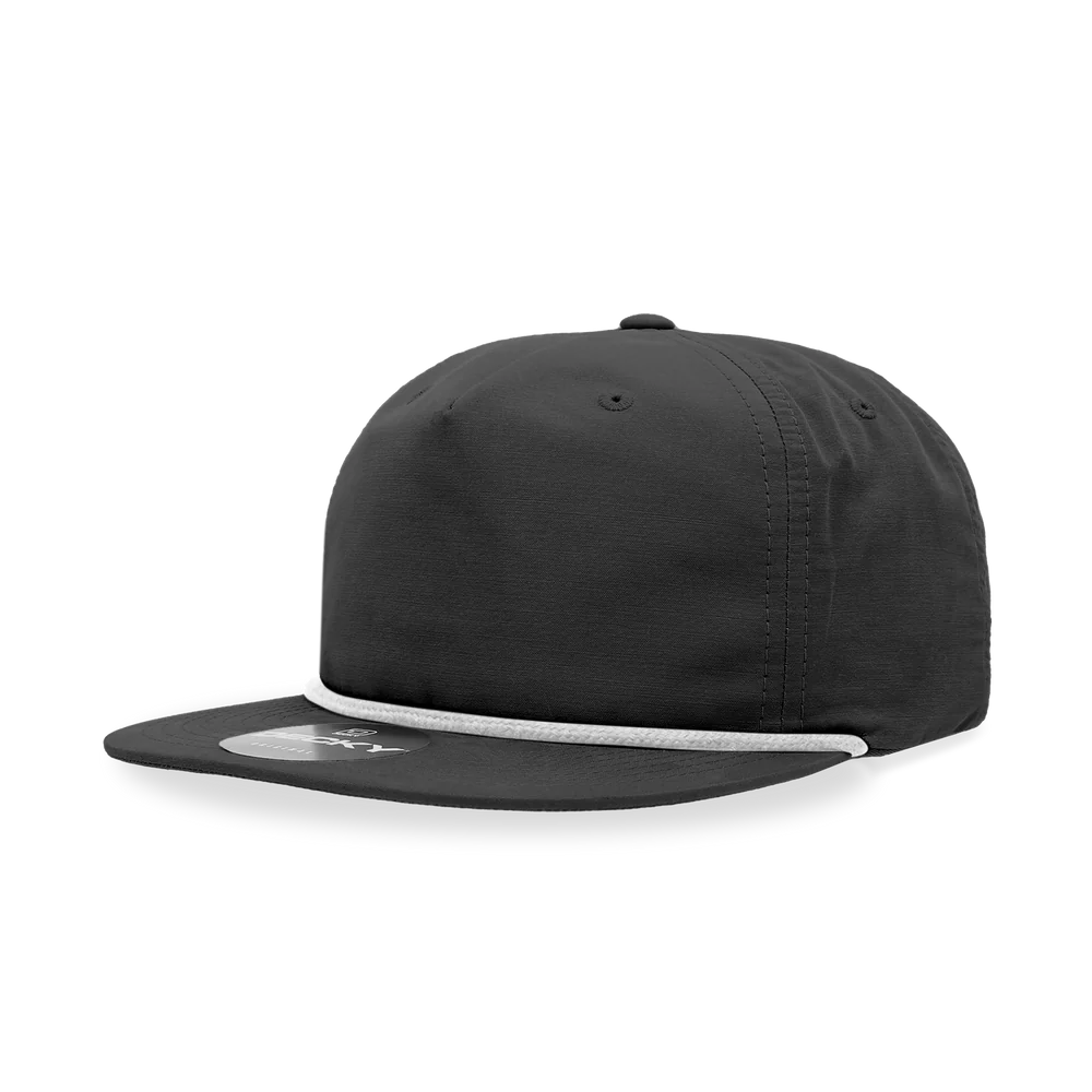 Decky - Classic Rope Cap, 5 Panel Flat Bill Hat, Snapback - Black/White