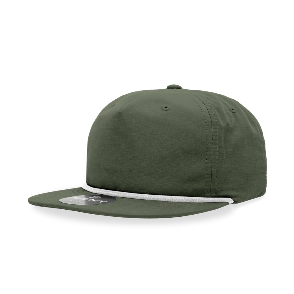 Decky - Classic Rope Cap, 5 Panel Flat Bill Hat, Snapback - Olive/White