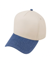 TOPTIE 5 PANEL TRUCKER CAP SNAPBACK MID PROFILE COTTON SUN HAT - Denim Mid Blue / Beige