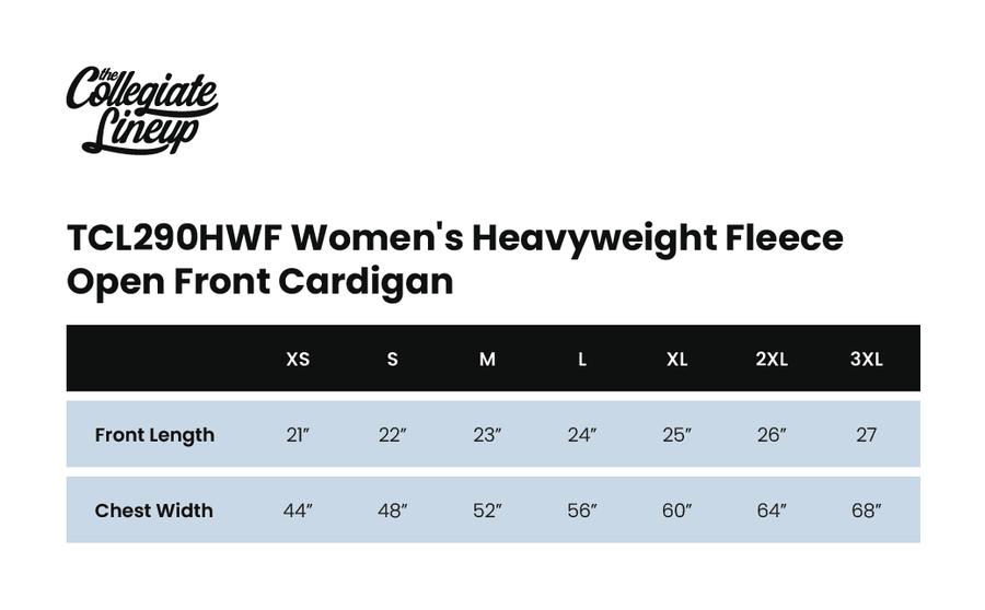 Size chart for WOMEN'S FLEECE TERRY OPEN FRONT CARDIGAN