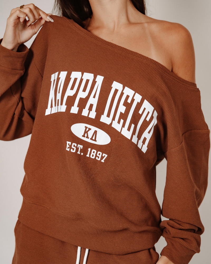 WOMEN'S WAFFLE KNIT OFF SHOULDER SWEATSHIRT